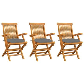 Vidaxl Vrtne stolice sa sivim jastucima, set od 3, masivno tikovino drvo