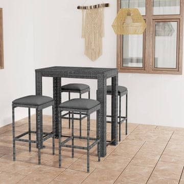 Vidaxl 5-dijelni barski set s jastucima, PE ratan, siva
