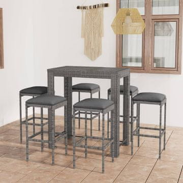 Vidaxl 7-dijelni barski set s jastucima, PE ratan, siva