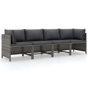 Vidaxl Vrtna sofa za 4 osobe s jastucima, poli ratan, siva