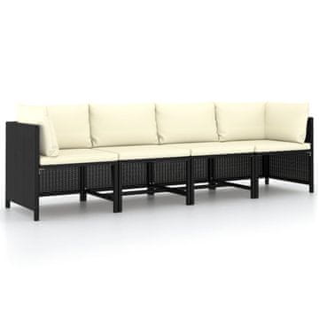 Vidaxl Vrtna sofa za 4 osobe s jastucima, poli ratan, crna