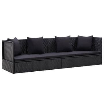 Vidaxl Vrtna sofa od poliratana s jastucima, crna