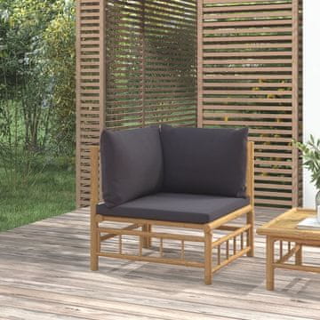 Vidaxl Kutna vrtna sofa s tamno sivim jastucima, bambus