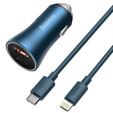 BASEUS Golden Contactor Pro auto punjač USB-C / USB 40W PD QC + kabel USB-C / Lightning, plava