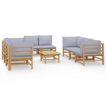 Vidaxl 9-dijelna vrtna garnitura od bambusa sa svjetlosivim jastucima