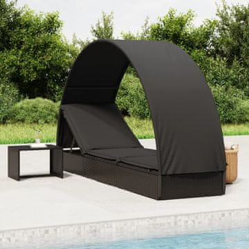 Vidaxl Ležaljka za sunčanje s polukružnom tendom crna 211x57x140 cm PE ratan