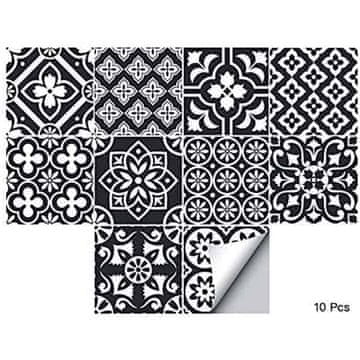 Netscroll Samoljepljive zidne naljepnice u imitaciji pločica, vodootporne, crno-bijeli cvjetni uzorak, 10 kom, 15x15 cm, za kuhinju i kupaonicu, TileDecor