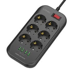 LDNIO Razvodnik 6 utičnica 230V 4x USB punjač 3,4A crni 2m
