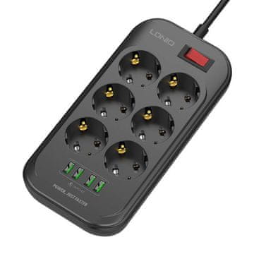 LDNIO Razvodnik 6 utičnica 230V 4x USB punjač 3,4A crni 2m