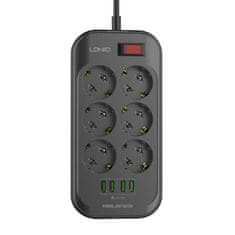 LDNIO Razvodnik 6 utičnica 230V 4x USB punjač 3,4A crni 2m