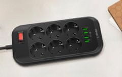 LDNIO Razvodnik 6 utičnica 230V 4x USB punjač 3,4A crni 2m