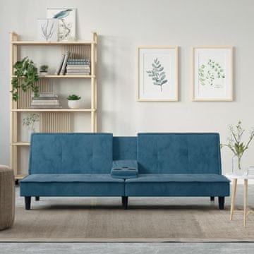 Vidaxl Kauč na razvlačenje s držačima za čaše plavi baršun