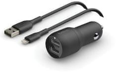 Belkin Dual USB-A auto punjač, 24 W+ Lightning kabel (CCD001BT1MBK)