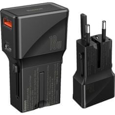BASEUS PPS putnički adapter za punjenje (EU/ US / UK / AU), 18 W, QC 3.0, crni