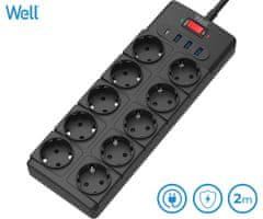 Well EXTS-10S2M produžni kabel s prenaponskom zaštitom, 10x utičnica 230V + 3x USB, 1xUSB-C, 16A, 3680W, 2m