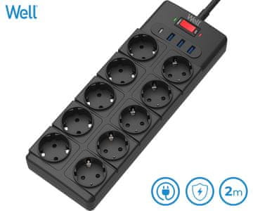 Well EXTS-10S2M produžni kabel s prenaponskom zaštitom, 10x utičnica 230V + 3x USB, 1xUSB-C, 16A, 3680W, 2m