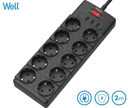 Well EXTS-10S2M produžni kabel s prenaponskom zaštitom, 10x utičnica 230V + 3x USB, 1xUSB-C, 16A, 3680W, 2m