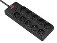 Well EXTS-10S2M produžni kabel s prenaponskom zaštitom, 10x utičnica 230V + 3x USB, 1xUSB-C, 16A, 3680W, 2m