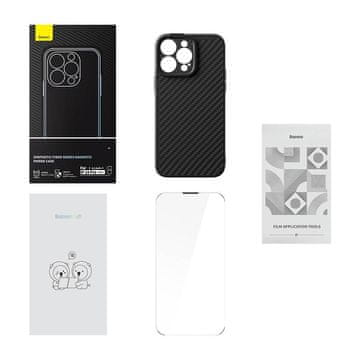 BASEUS Magnetska maskica Baseus Synthetic Fiber Series za iPhone 14 Pro (crna) + kaljeno staklo + set za čišćenje