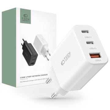 Tech-protect 3-port punjač USB / 2x USB-C 30W PD QC, bijela