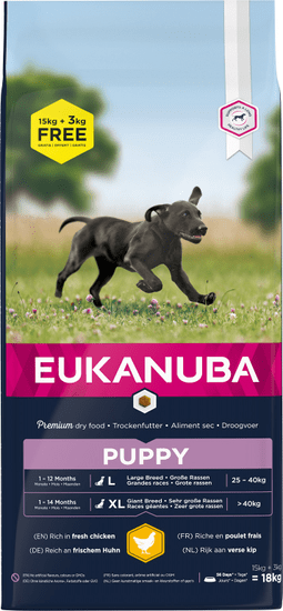 Eukanuba suha hrana za štence Puppy & Junior Large Breed 15 kg + 3 kg gratis
