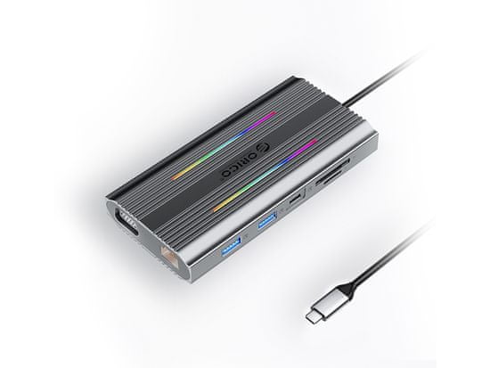 Orico XDR-X2 priključna stanica, 1x USB-C 3.1, 4x USB-A, USB-C PD100W, 1x HDMI 4K@30Hz, VGA, SD+TF, RJ45, AUX, aluminij, siva
