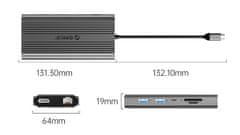 Orico XDR-X33 priključna stanica, 1x USB-C 3.1, 3x USB-A, USB-C PD100W, 2x HDMI 4K@60Hz, DP 4K@60Hz, SD+TF, RJ45, AUX, aluminij, siva
