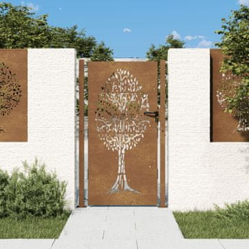 Vidaxl Vrtna vrata, 105x180 cm, Corten čelik, uzorak drveća
