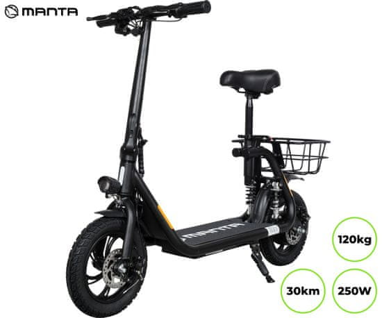 Manta MES1202H Flinstone II električni romobil, 30,48 cm, 20km/h, do 30km, 120kg, crna (MAN-MES1202H)