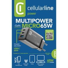 CellularLine Višestruki kućni punjač, ​​65 W, 2x USB-C PD, 1x USB (ACHUSBGAN3PD65WK)