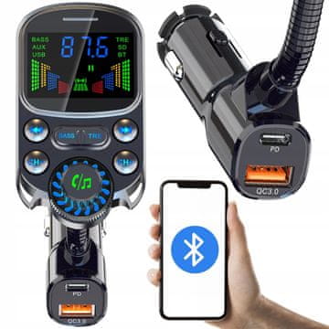 Dexxer Auto FM transmiter veliki LCD bluetooth 5.3 i punjač 12-24V 3x USB 3.0 RGB