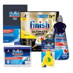 Finish Starter pack - Ultimate Plus All in 1 tablete za perilicu posuđa, 25 komada + sol, 1,5 kg + sredstvo za poliranje Shine&Dry Regular, 400 ml + osvježivač Odor Stop Easy Clip + sredstvo za čišćenje perilice posuđa, 250 ml