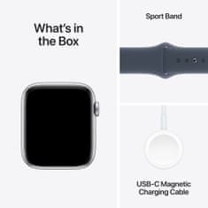Apple Watch SE pametni sat, 44 mm, GPS, srebrni, sportski remen Storm Blue S/M