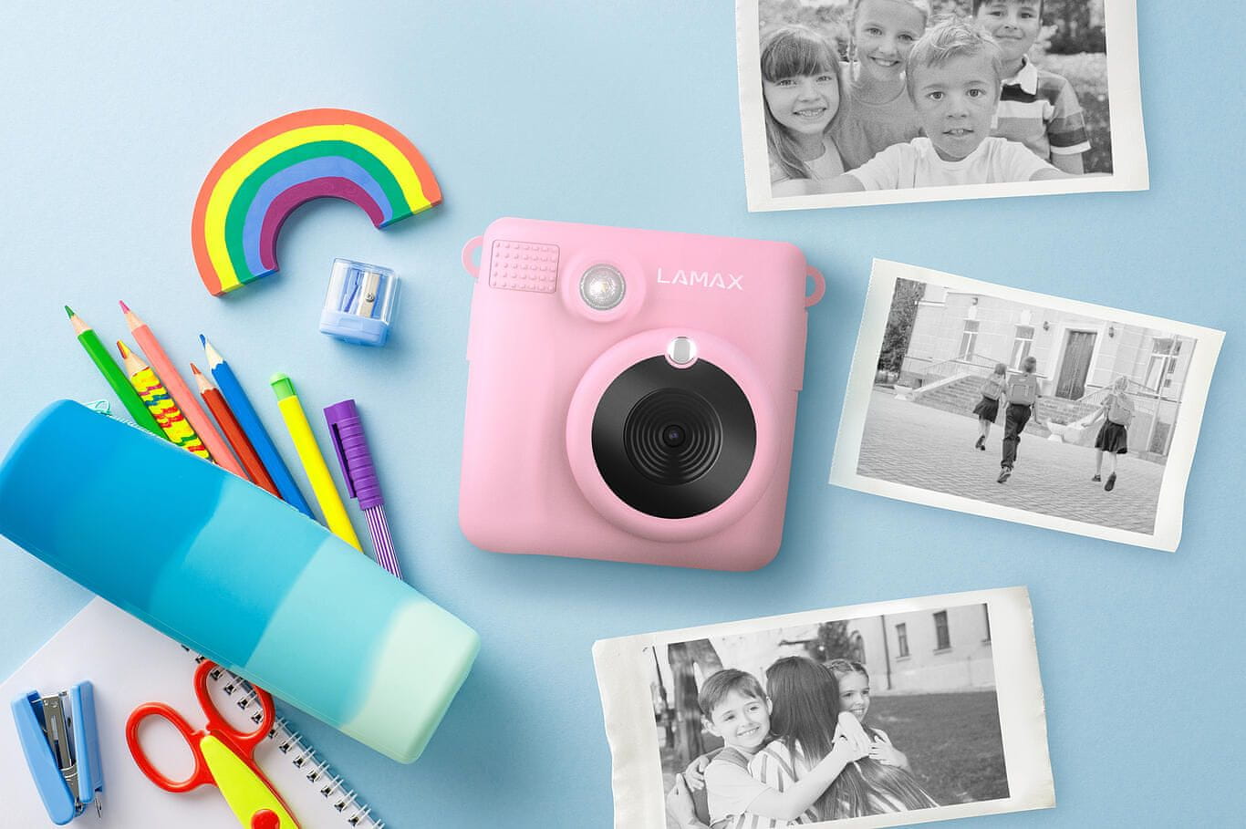  Instant kamera za djecu Lamax Instakid1 lijepog dizajna rola termalnog papira sjajni efekti i okviri punjiva baterija igre rezolucija 8 mpx 