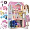 Ricokids Velika drvena kućica za lutke na 3 kata s liftom i LED svjetlom