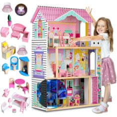 Ricokids Velika drvena kućica za lutke na 3 kata s liftom i LED svjetlom