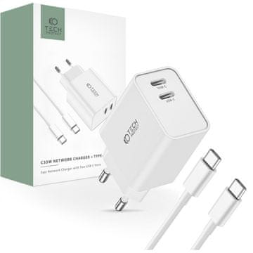 Tech-protect C35W punjač 2x USB-C 35W + kabel USB-C, bijela