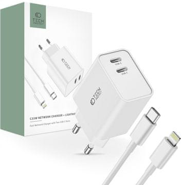 Tech-protect C35W punjač 2x USB-C 35W + kabel USB-C / Lightning, bijela