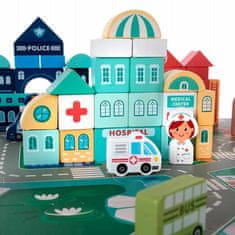 Netscroll Drvene kocke za slaganje 100 kom sa kantom i puzzlom podlogom, set za gradnju grada, BlockCity