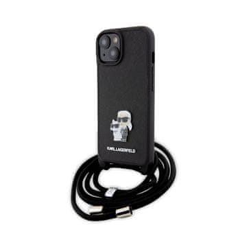 Karl Lagerfeld Saffiano metalna brošura Karl & Choupette - maskica za iPhone 15 (crna)
