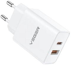 VEGER VLS302U 2-portni punjač, USB-A/USB-C, QC3.0/PD3.0, bijela