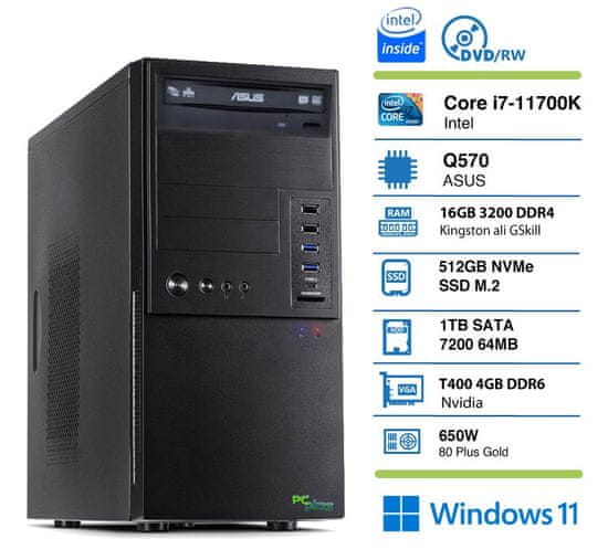 PCplus Stolno računalo T600, i7-11700K, 16GB, SSD512GB+HDD1TB, T400, W11P, miš, tipkovnica (143404)