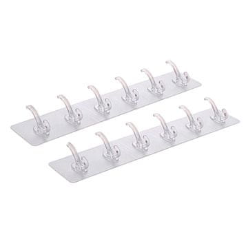 Netscroll Samoljepljivi držač s 6 kukica, proziran, set od 2 komada za kupaonicu i kuhinju, 1-1SixHooks