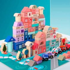 Netscroll Drvene kocke za slaganje 100 kom sa kantom i puzzlom podlogom, set za gradnju grada, BlockCity