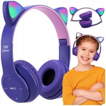 SATIS Ljubičaste LED bežične bluetooth slušalice s mačjim ušima + mikrofon
