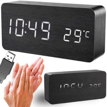Dexxer 4u1 drvena moderna elektronička budilica i termometar 15cm crna