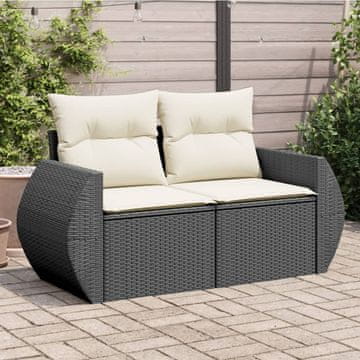 Vidaxl Vrtna sofa s jastucima, dvosjed, crna, poli ratan
