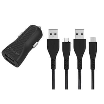 Energizer HardCase - Auto punjač 2x USB-A 2.4A + USB-C i Micro USB kabel (crni)