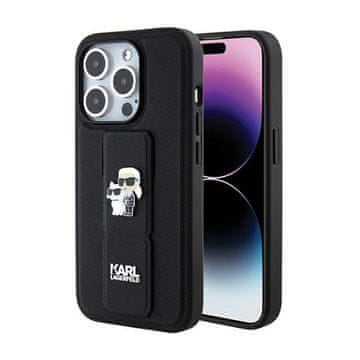 Karl Lagerfeld Gripstand Saffiano Karl & Choupette Pins - Futrola za iPhone 15 Pro (Crna)