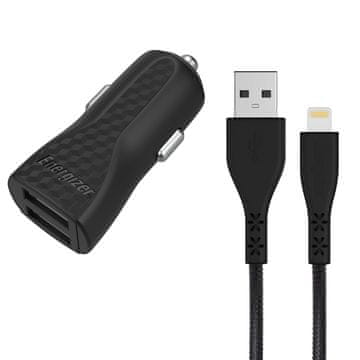 Energizer HardCase - Auto punjač 2x USB-A 17W 3.4A + Lightning kabel MFi certificiran (crni)
